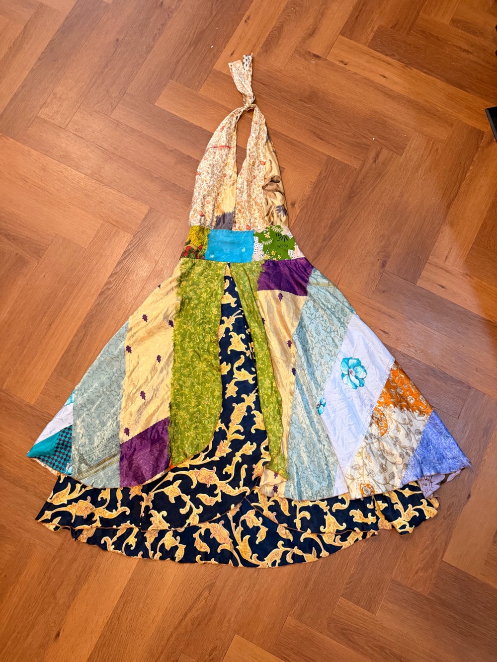 100% Silk Patchwork Halter Maxi Dress M/L Boho Indian Sari Upcycled Festival